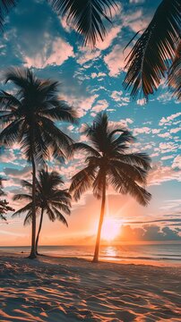Sun, beach, coconut trees, sunset, 8K, highdefinition ,43.