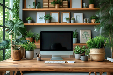 Eco-friendly workspace with mock-up desktop computer - obrazy, fototapety, plakaty