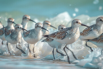 An image of a group of sandpipers running along the shore, their quick movements and feeding behavio - obrazy, fototapety, plakaty