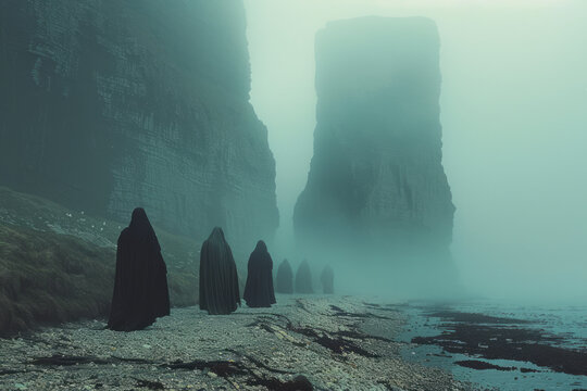 An image of a group of sirens singing on a misty coastline, their haunting melodies luring unsuspect