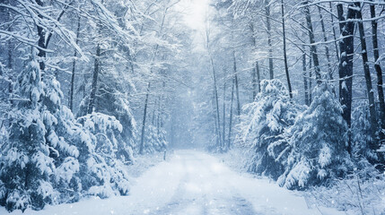 Fototapeta premium Winter wonderland scene, snow gently falling over a quiet forest, trees covered in a thick layer of snow, serene and tranquil