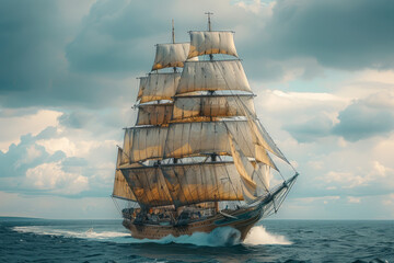 An image of a majestic tall ship with its sails fully unfurled, gliding through the ocean, evoking t