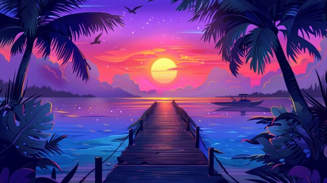 This modern cartoon illustration shows a sunset over sea with birds flying in the sky and palm trees. It depicts a vacation in paradise with a tropical seascape, a rising or setting sun and birds in