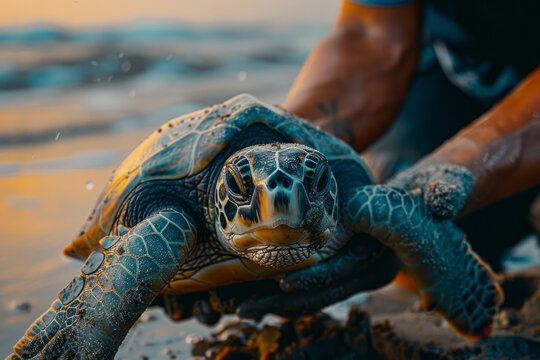 An image of a marine biologist tagging sea turtles on the beach, part of a conservation effort to tr