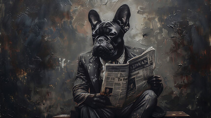 A dog in a suit sits before a dark wall, reading a newspaper