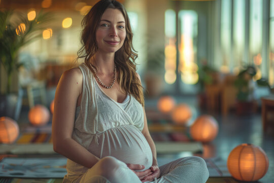 An image of a pregnant woman attending a prenatal yoga class, focusing on poses that enhance physica