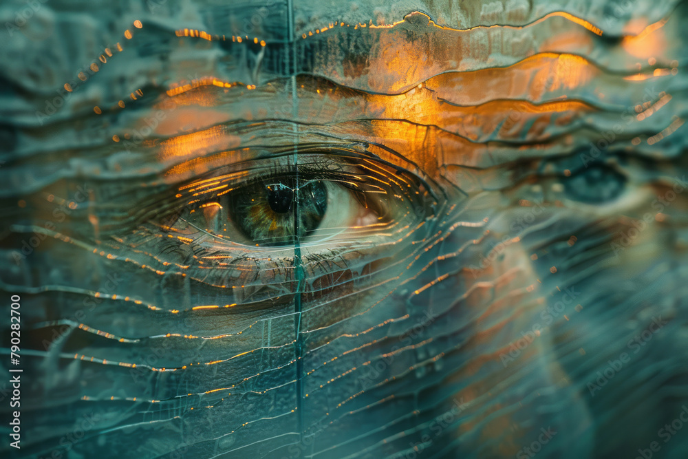 Poster an image of a privacy screen made of layers of translucent material, each layer subtly imprinted wit