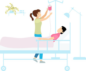 Medical clinic. A nurse installs a dropper for a sick woman in a hospital room. Doctors and nurses.