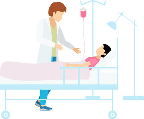 Medical clinic. A male doctor near a sick woman on a bed in a medical room. Doctors and nurses.