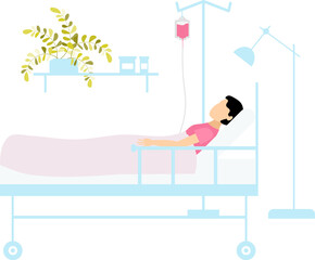 Medical clinic. A woman lies under a drip in a bright hospital room with flowers. Doctors and nurses.