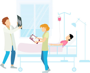 Medical clinic. A male doctor next to a sick woman looks at an x-ray and makes recommendations to the nurse. Doctors and nurses.