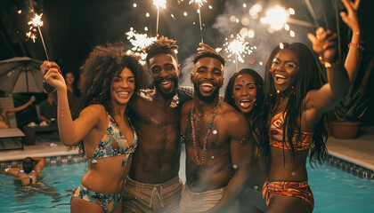 A group of people are smiling and posing for a picture with sparklers