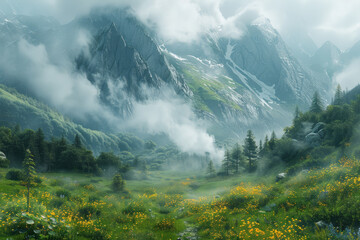 An image of a remote alpine meadow, accessible only by narrow mountain paths, wild and untouched by