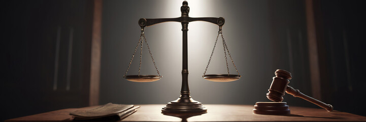 nternational human rights day concept: Wooden judge gavel with scales on the library, Gold brass balance scale, weight balance, imbalance scale wooden desks, Law and Justice concept - obrazy, fototapety, plakaty