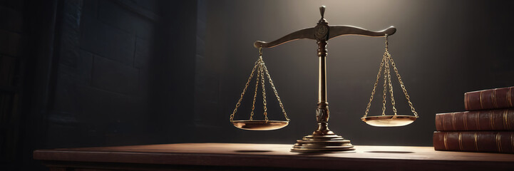 nternational human rights day concept: Wooden judge gavel with scales on the library, Gold brass balance scale, weight balance, imbalance scale wooden desks, Law and Justice concept