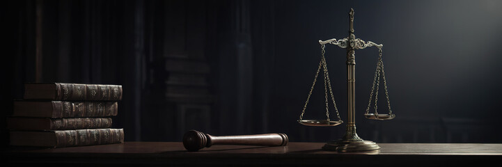nternational human rights day concept: Wooden judge gavel with scales on the library, Gold brass balance scale, weight balance, imbalance scale wooden desks, Law and Justice concept