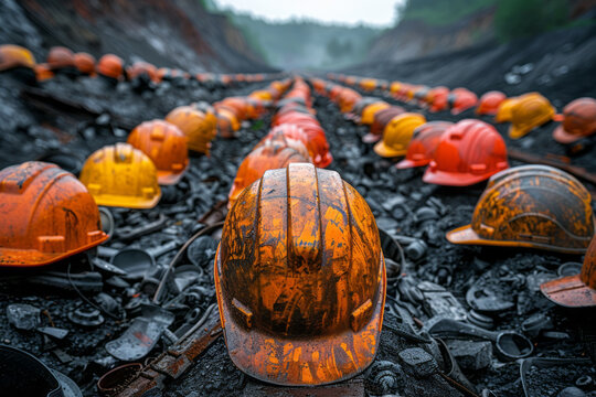 An image of a sea of hard hats placed on the ground at a strike site, symbolizing the presence and u