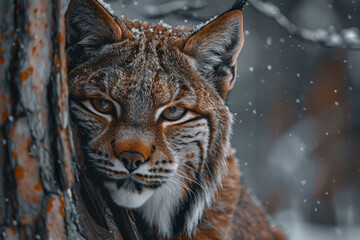 An image of a secretive lynx with its piercing eyes, hidden partially behind a tree in a snowy fores