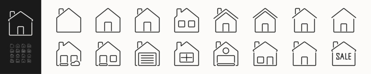 House, cottage, mansion, home, apartments, building, architecture line icons. Real estate sign, symbol. Isolated on a white background. Pixel perfect. Editable stroke. 64x64.
