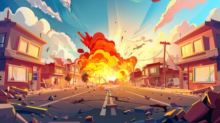 Fire building cartoon background on apocalyptic city road. War on a broken street with an earthquake in a ruin neighborhood. Abandoned burned village exterior scene.