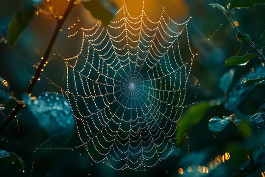 An image of a spider web heavy with dew, the water droplets reflecting the early morning light and c