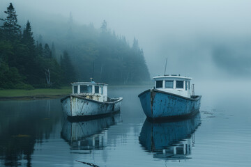 Obraz premium An image of a tranquil morning on a tiny island off the coast of, fog rolling over calm waters
