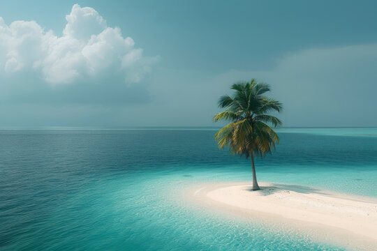 An image of a tiny island in the, with a single palm tree bending over turquoise waters and