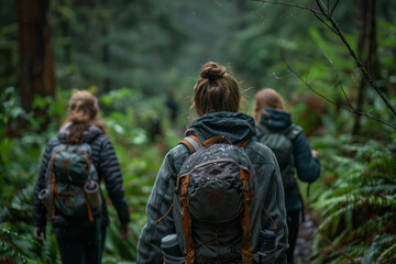 An image of a women's group engaged in a guided nature walk, connecting with the environment for phy