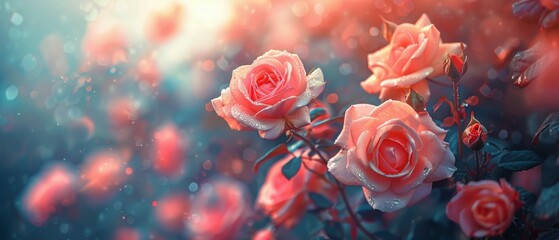 Pink Roses Blooming in a Field - obrazy, fototapety, plakaty
