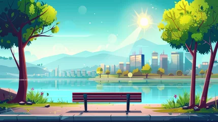 Foto op Aluminium Vacant tropical urban embankment with mountain skyline with city park bench on street. Modern urban landscape with city park bench, downtown building, river, and resort. © Mark