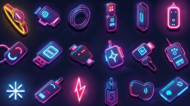 Modern illustration of a technology powerbank, thumbdrive, and smartwatch neon symbol. Isolated cartoon modern illustrations of a usb, battery, and connector icon set.