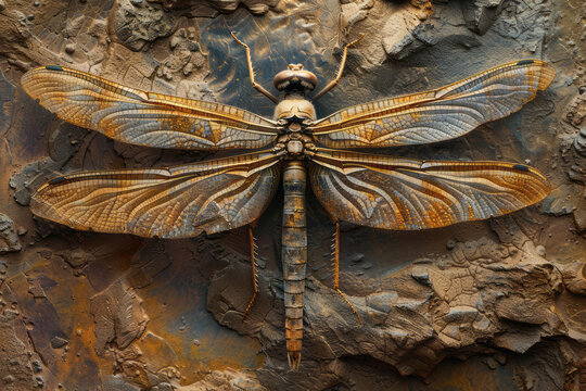 A depiction of a fossilized dragonfly, its wingspan and body details preserved in fine-grained rock,