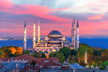 The Blue Mosque or Sultan Ahmet Mosque of Istanbul, colorful sunset view, Turkey