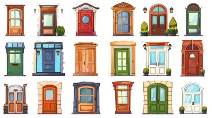 Front door cartoon isolated illustration set. Home exterior icon element with window on white background. Contemporary exterior wood asset kit. - obrazy, fototapety, plakaty