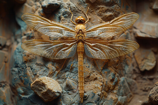 A depiction of a fossilized dragonfly, its wingspan and body details preserved in fine-grained rock,
