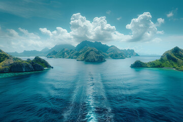 An image showing the contrast between lush islands and the deep blue ocean, emphasizing the isolatio - obrazy, fototapety, plakaty
