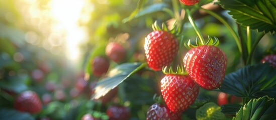 Close Up of Strawberries Growing on a Bush - obrazy, fototapety, plakaty