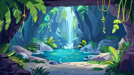 Cartoon background of abandoned stone cave in jungle with pond. An adventure scene in a prehistoric tunnel with a magic portal in a cavern lake. An empty grotto place illustrated with lianas and a - obrazy, fototapety, plakaty