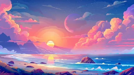 Fototapeten An ocean shore at sunset with mountains, clouds, and sun. Sunset landscape with ocean coast and mountains. Modern cartoon illustration of a rocky shore. © Mark