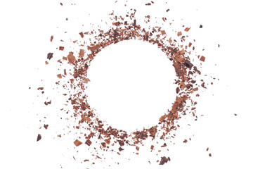 Pile chopped, milled dark chocolate in shape circle isolated on white, top view	