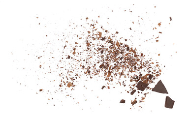 Pile chopped, milled dark chocolate isolated on white, top view  © dule964