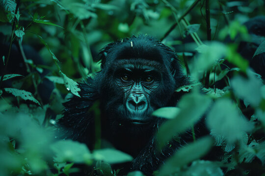 A photograph capturing the powerful moment a gorilla beats its chest in the dense mountain forests o