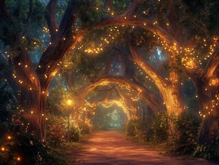 A forest path is lit up with lights, creating a warm and inviting atmosphere. The trees are illuminated, casting a soft glow on the path. Concept of tranquility and wonder