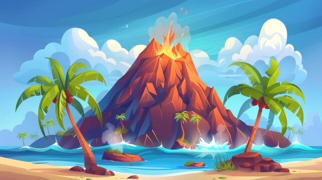 Tropical volcano island in sea cartoon modern landscape background. Exotic volcanic island with palm tree forest in ocean water. Beautiful green seaside coast nature on sunny day.