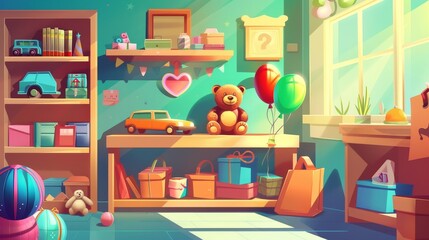 Modern cartoon background of kid's toy store. Teddy bear, balloon, books, and car are arranged on shelves in a sunny day. Sunlight streaming through windows near the counter.