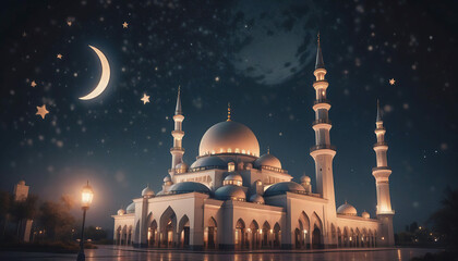 mosque and full moon at night, Ramadan Kareem background.