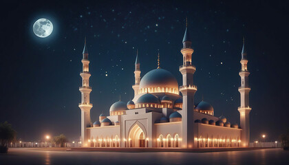 Fototapeta na wymiar mosque and full moon at night, Ramadan Kareem background.
