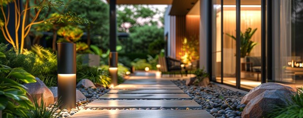 Obraz premium Lush Garden With Abundant Plants and Rocks