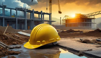 Fotobehang yellow project helmet with ongoing project background, construction site, construction site with workers, construction site with worker, construction site with crane, construction site with building © Rahmat 