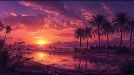 Foto op Plexiglas A tranquil oasis scene at sunset with silhouettes of camels and towering palm trees reflected in water. Resplendent. © Summit Art Creations